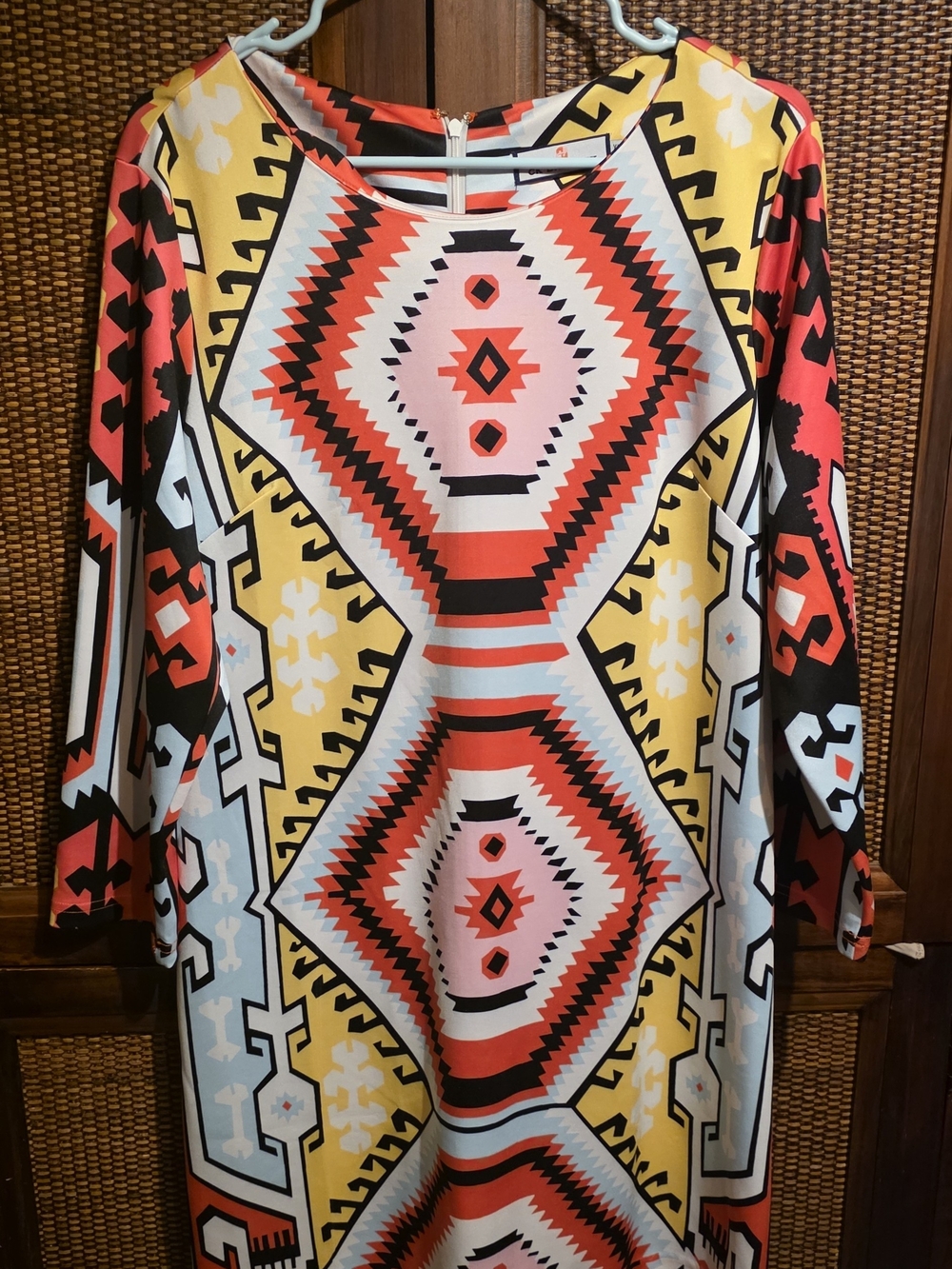 CK Bradley EUC XL 23 PTP Bold Geometric Tribal Shift Dress in Pink, Coral Yellow - Picture 3 of 5